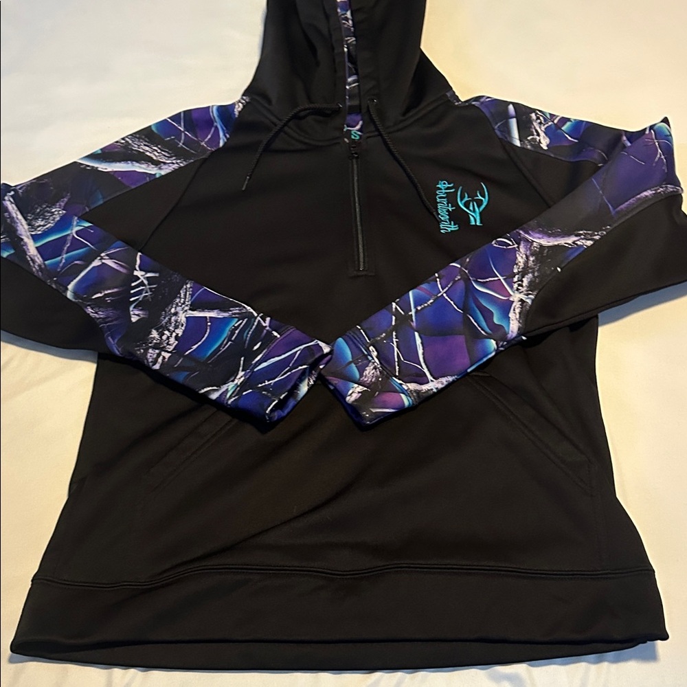 Huntworth Black Hoodie with Purple and Blue Camo Sleeves